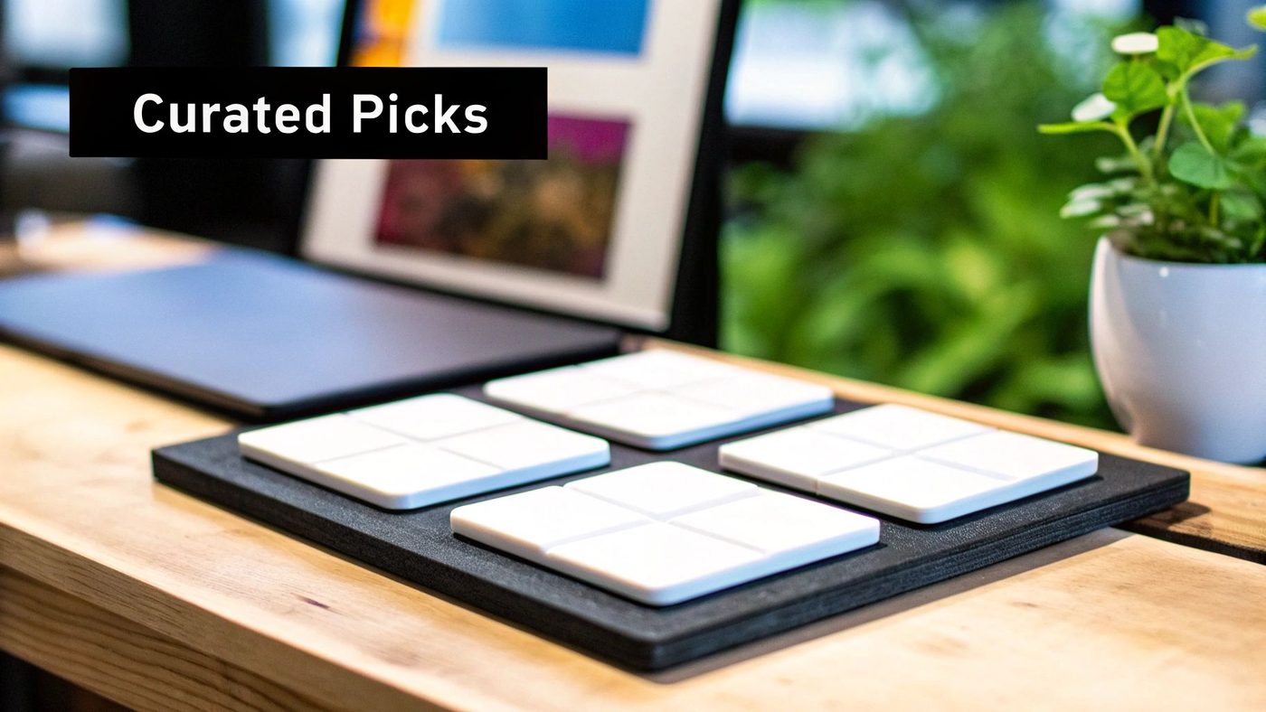 Modern desk setup featuring a black base with four white smart modules, a laptop, and a plant. Text: Curated Picks.