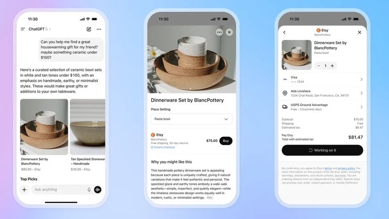 Mobile screen shots of a user purchasing a product within the ChatGPT app