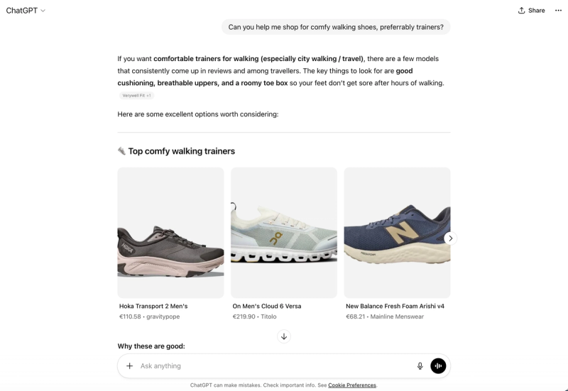 An image of a ChatGPT conversation recommending top comfy trainer brands