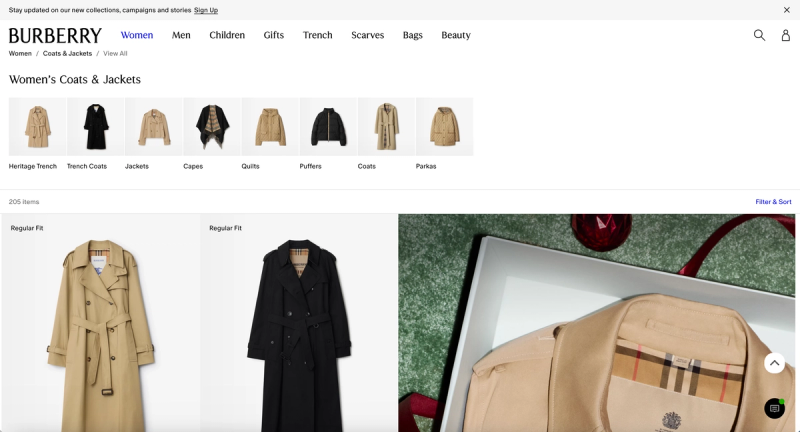 A screenshot from the Burberry e-commerce website.