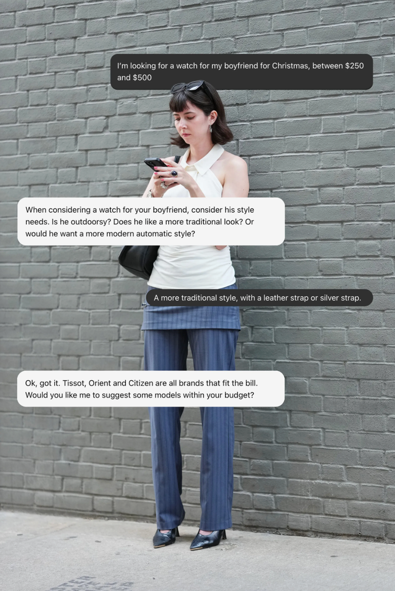 A young woman using her phone to chat with AI and find a product