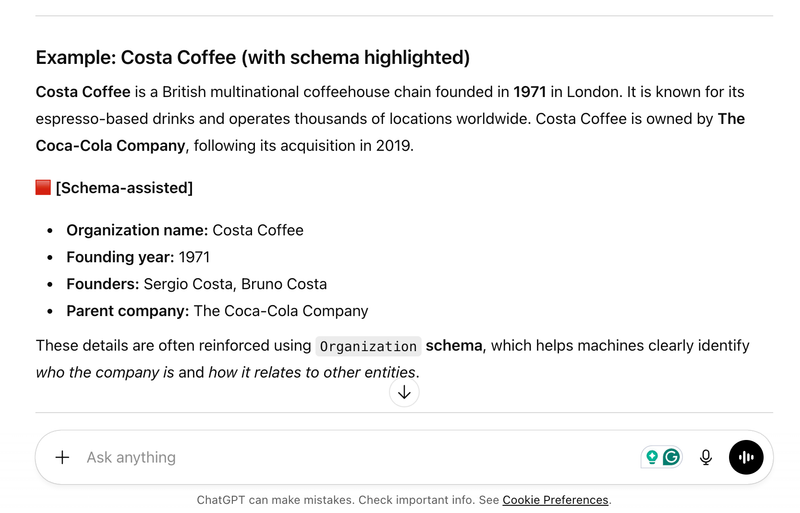 A ChatGPT company search showing what schema has helped the search results