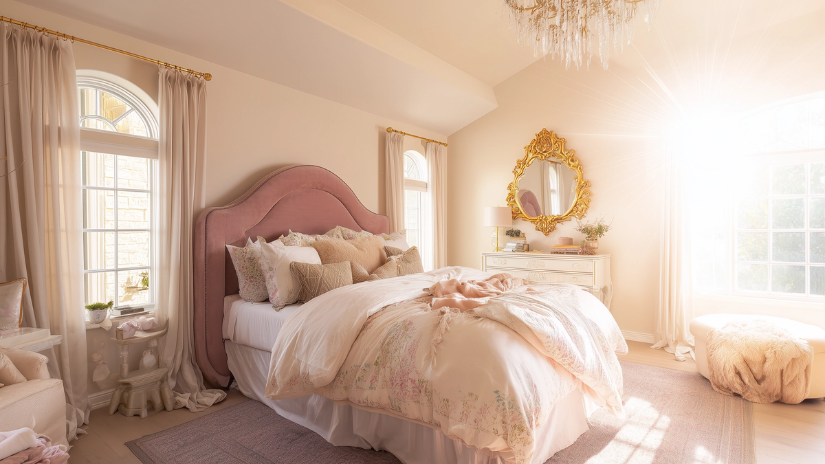 Romantic shabby chic bedroom glowing in golden hour light