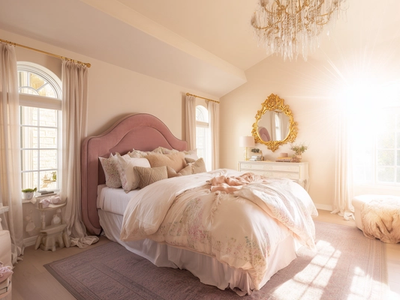Romantic shabby chic bedroom glowing in golden hour light