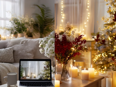 Cozy Christmas living room shown before and after AI decoration.