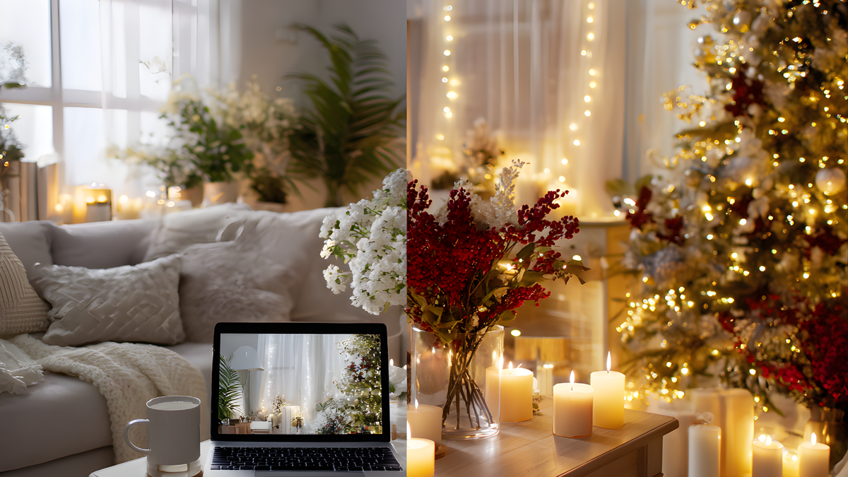 Cozy Christmas living room shown before and after AI decoration.