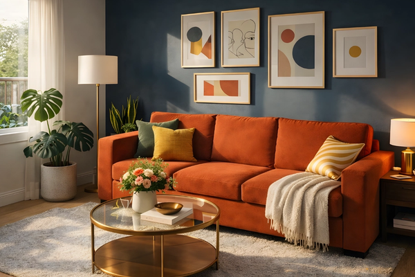 Colorful modern small apartment with bold decor and natural light