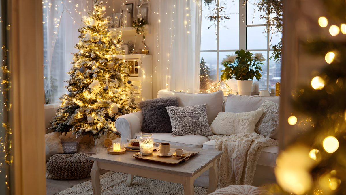 Full view of a minimalist holiday living room with soft decor and warm lighting