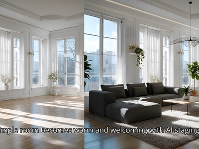 AI-staged modern living room with warm decor