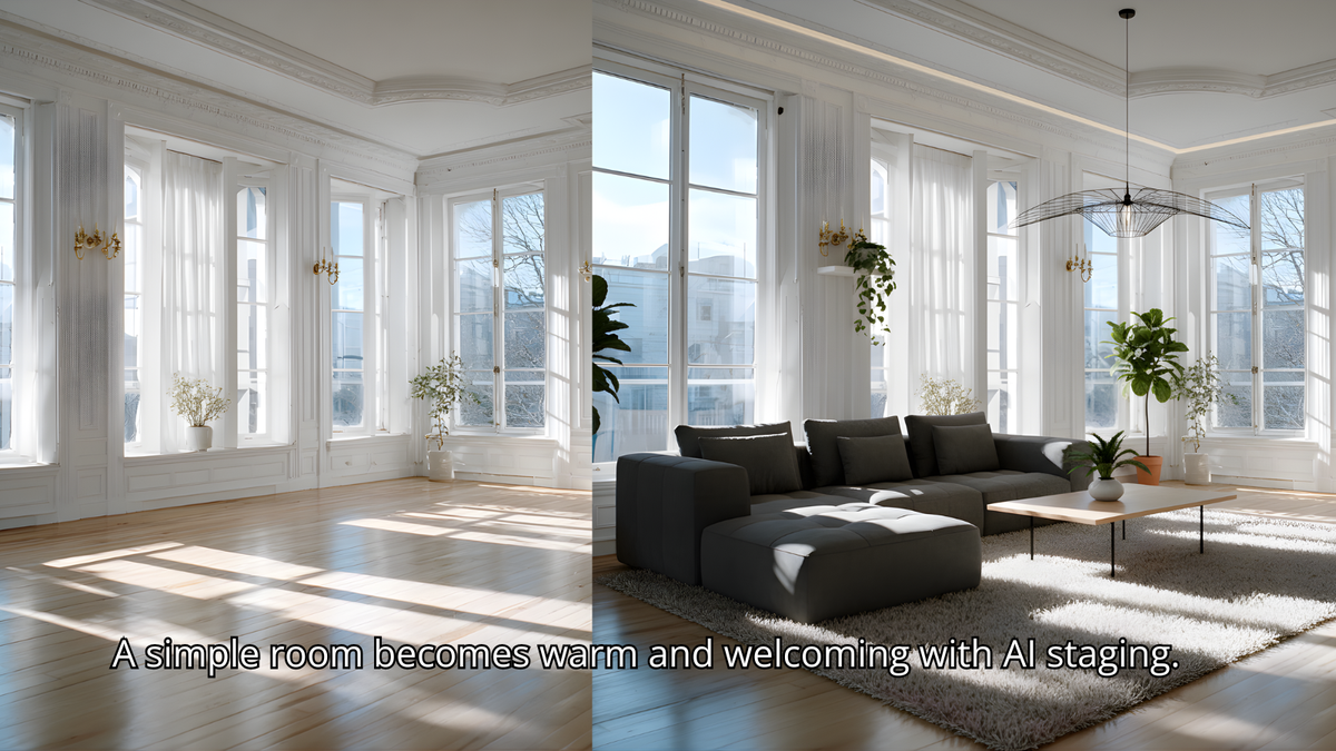 AI-staged modern living room with warm decor