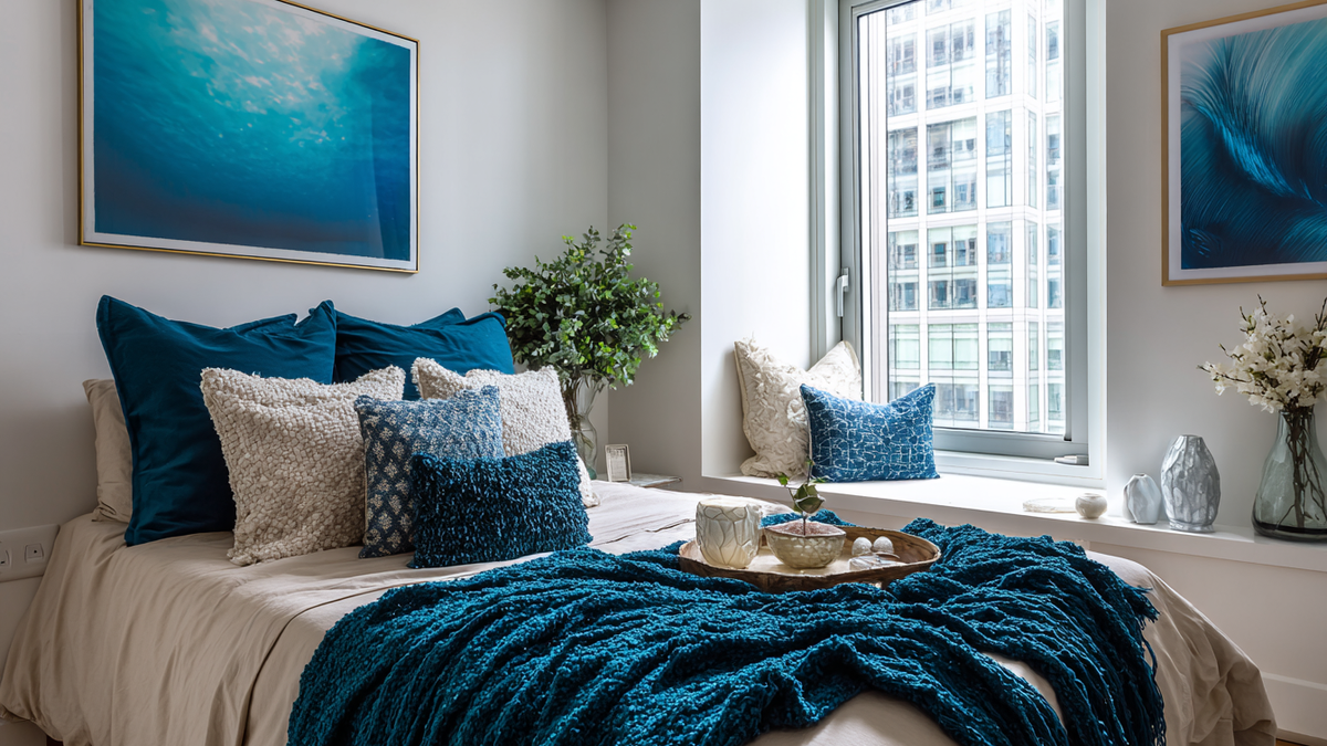 Small bedroom with bold blue accent pillows and cozy neutral decor