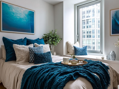 Small bedroom with bold blue accent pillows and cozy neutral decor