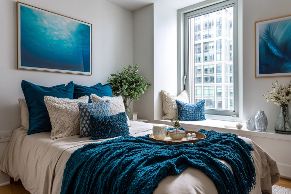 Small bedroom with bold blue accent pillows and cozy neutral decor