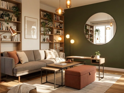 Small modern apartment living room with smart furniture and mirror