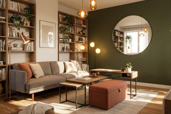 Small modern apartment living room with smart furniture and mirror