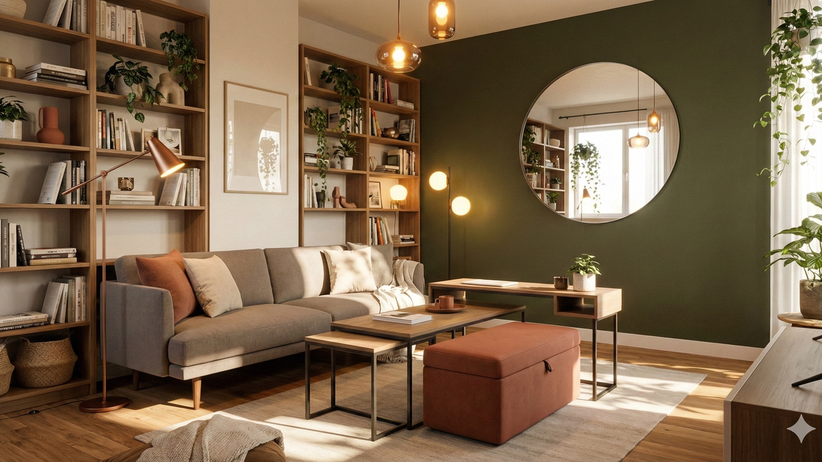 Small modern apartment living room with smart furniture and mirror