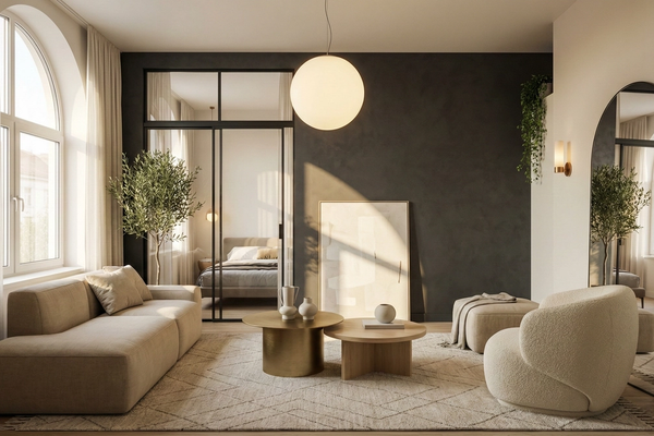 Luxury-style small contemporary studio with statement lighting, bold accent wall, and golden-hour sunlight.