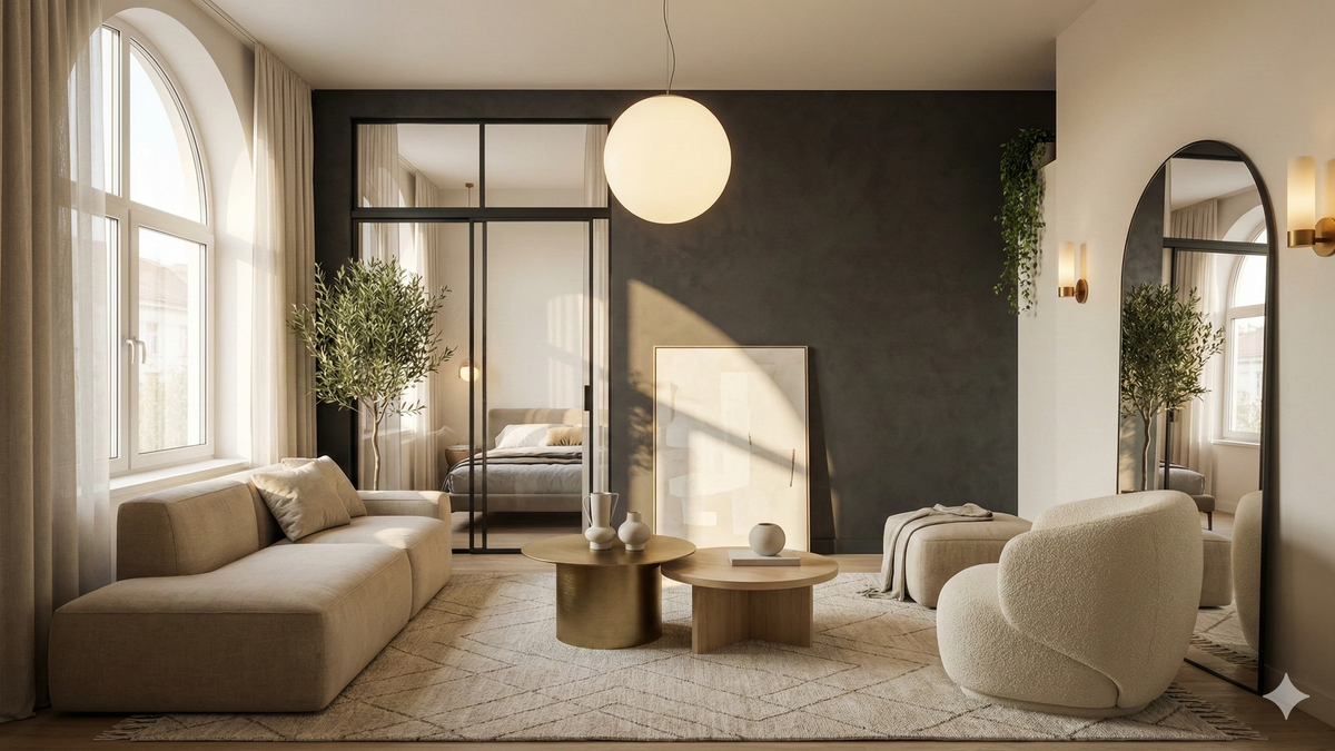 Luxury-style small contemporary studio with statement lighting, bold accent wall, and golden-hour sunlight.