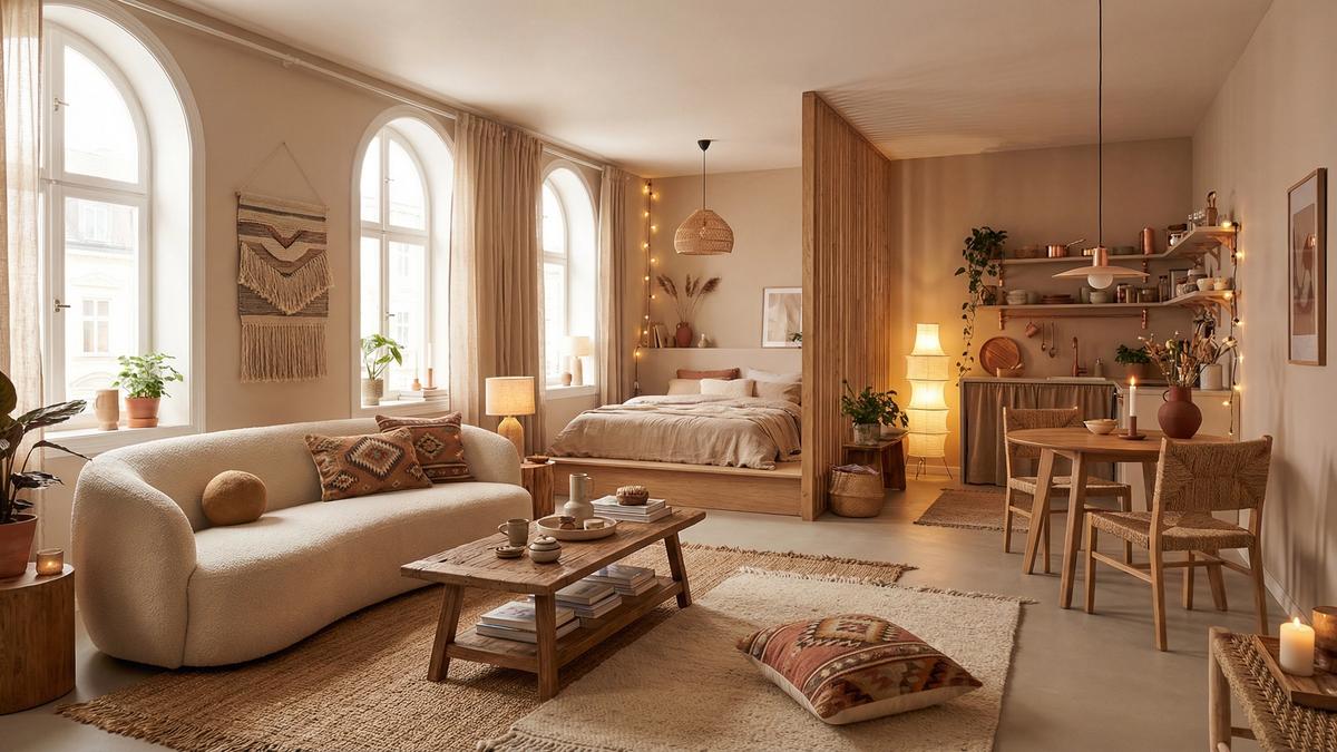 Studio apartment layout that feels warm and lived in