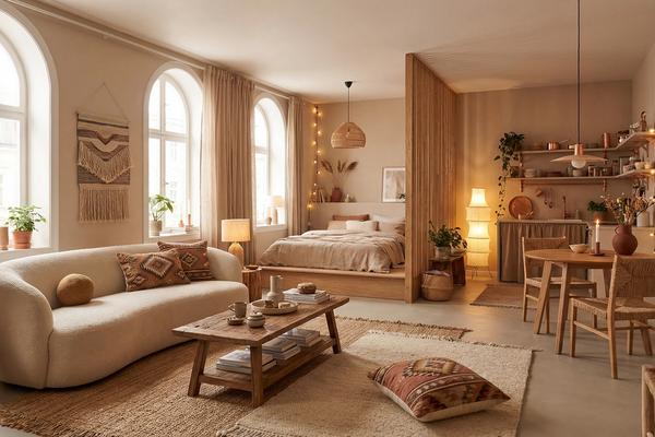Studio apartment layout that feels warm and lived in