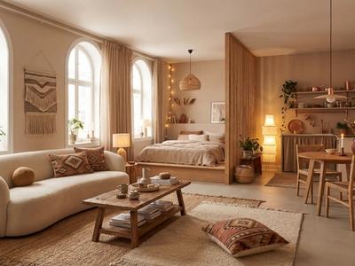 Studio apartment layout that feels warm and lived in