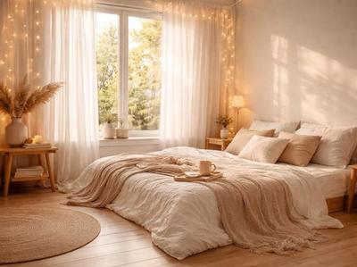 Dreamy small bedroom with soft light and cozy decor