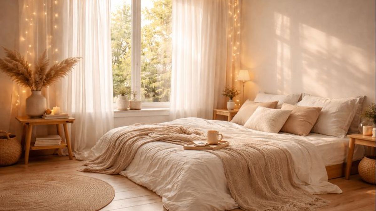 Dreamy small bedroom with soft light and cozy decor
