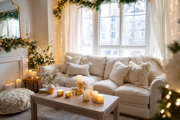 cozy living room with soft gold holiday lights