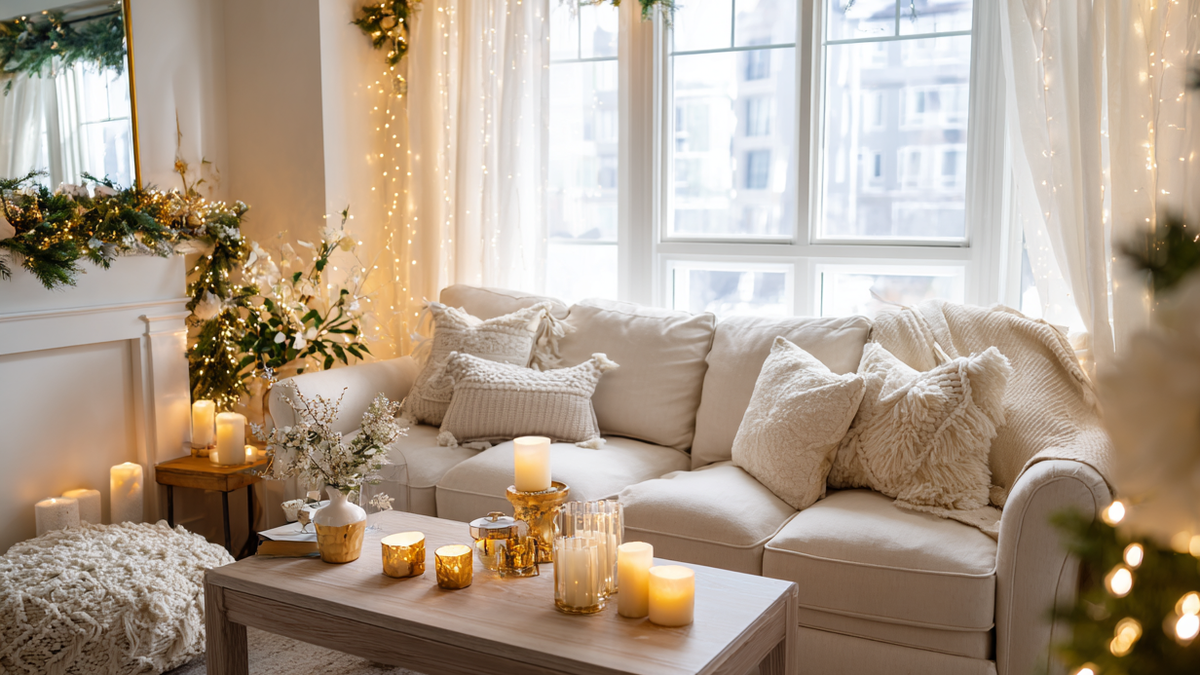 cozy living room with soft gold holiday lights