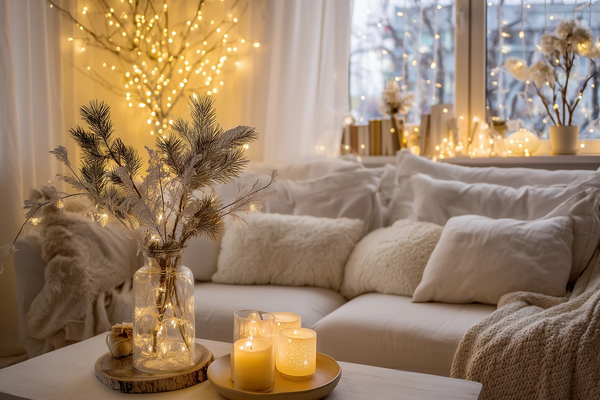 Cozy minimalist holiday living room with soft lights and natural textures. Caption: Simple decor, soft light, and peaceful calm — the heart of a cozy minimalist home.