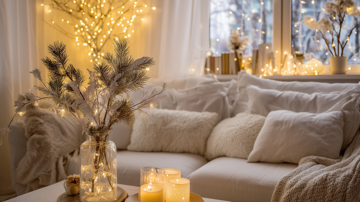 Cozy minimalist holiday living room with soft lights and natural textures. Caption: Simple decor, soft light, and peaceful calm — the heart of a cozy minimalist home.