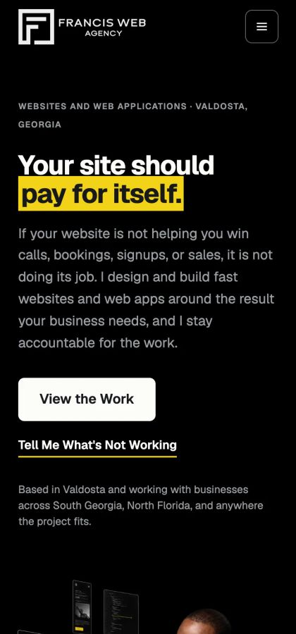 Francis Web Agency home page on a phone