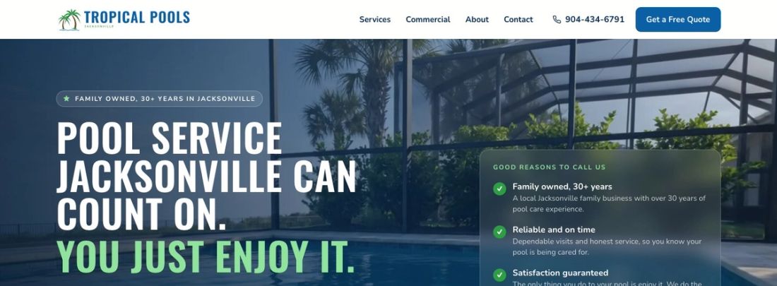 The chosen home page direction, a pool and palms behind the headline Pool service Jacksonville can count on
