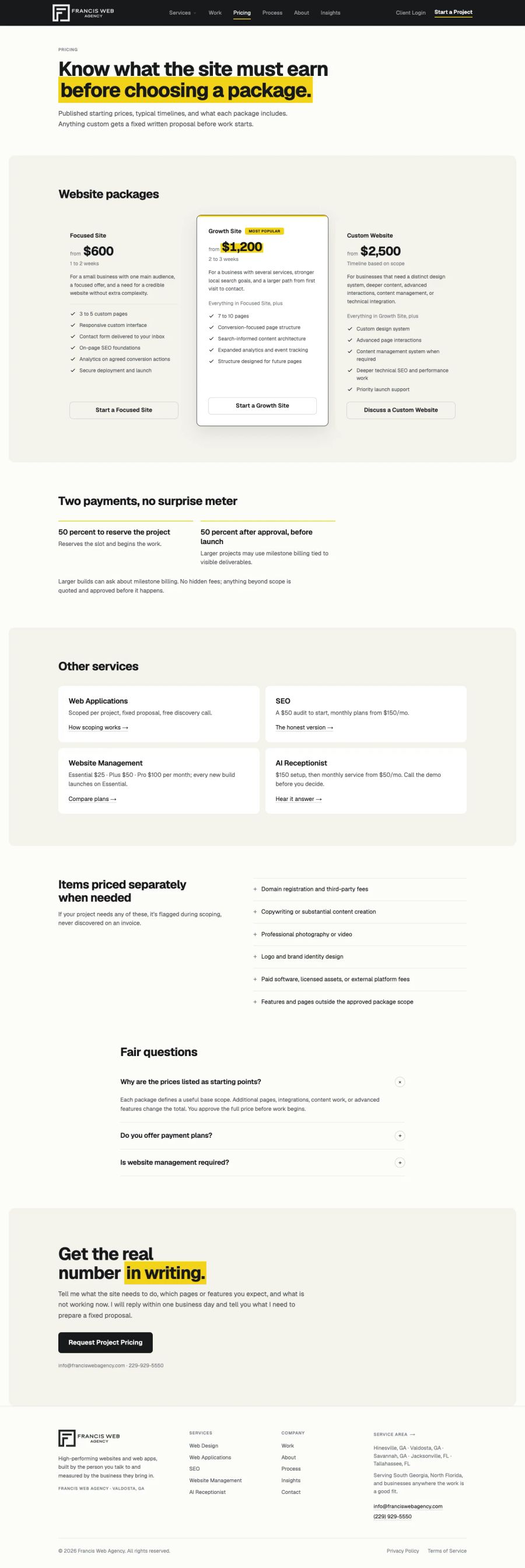 Francis Web Agency, the whole /pricing page