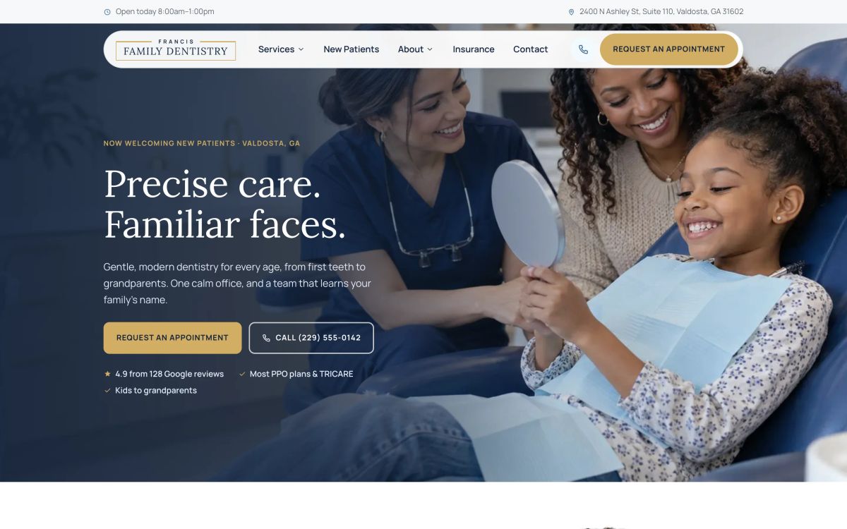 Francis Family Dentistry home page on desktop