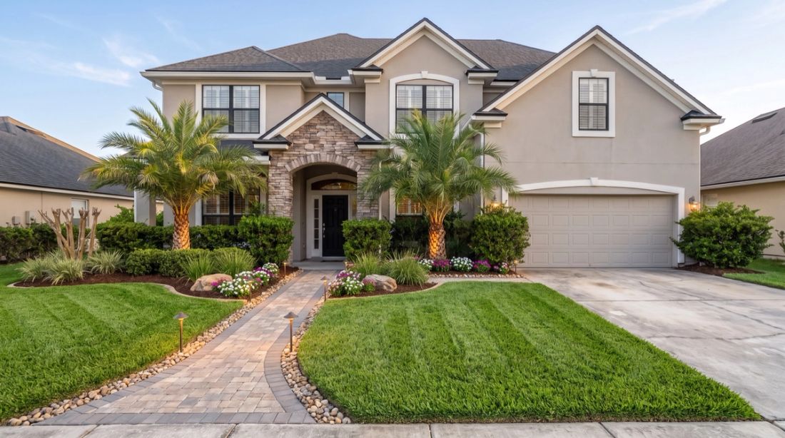 The same house from the same spot with new sod, palms, flower beds, a paver walkway and path lights