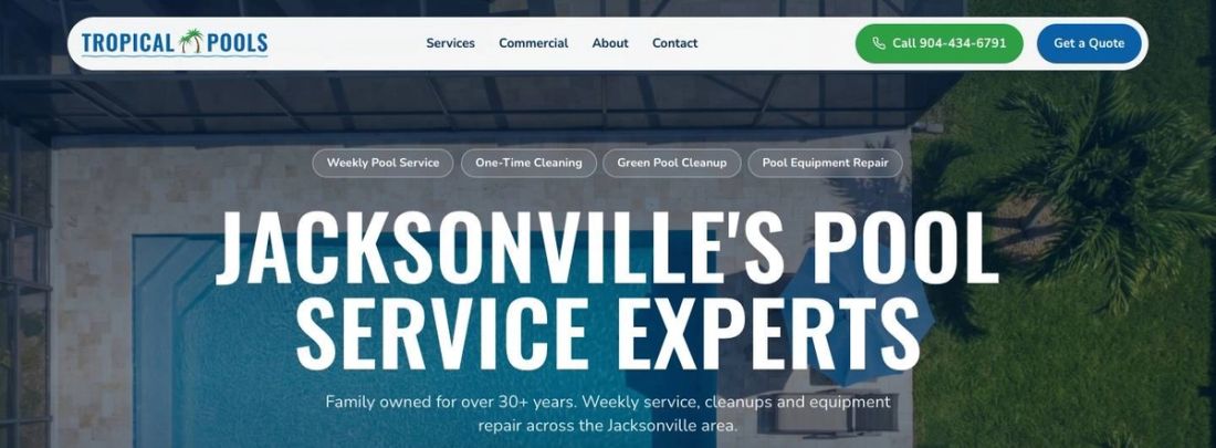 The second home page direction, an overhead pool photo with service chips over the headline