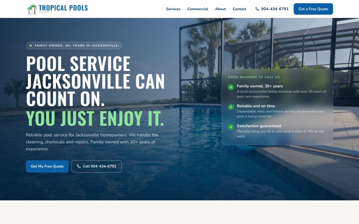 Tropical Pools home page on desktop