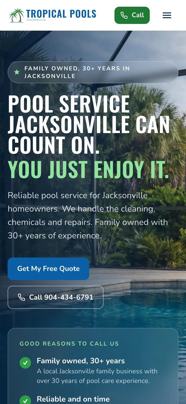 Tropical Pools home page on a phone