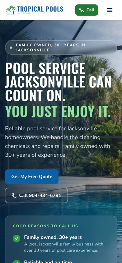 Tropical Pools home page on a phone