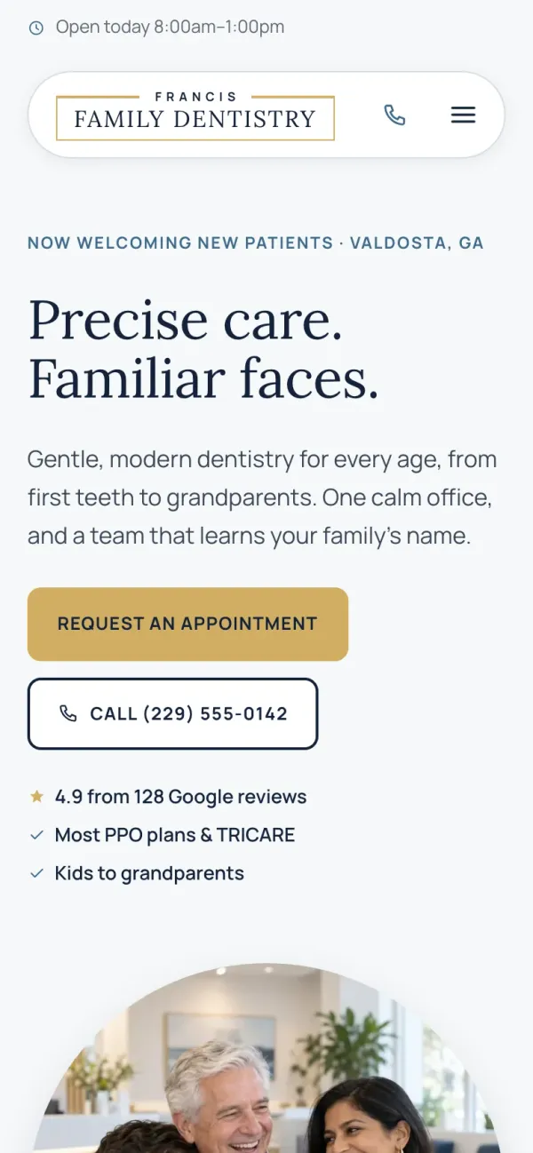 Francis Family Dentistry home page on a phone