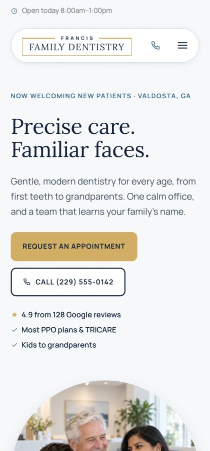 Francis Family Dentistry home page on a phone