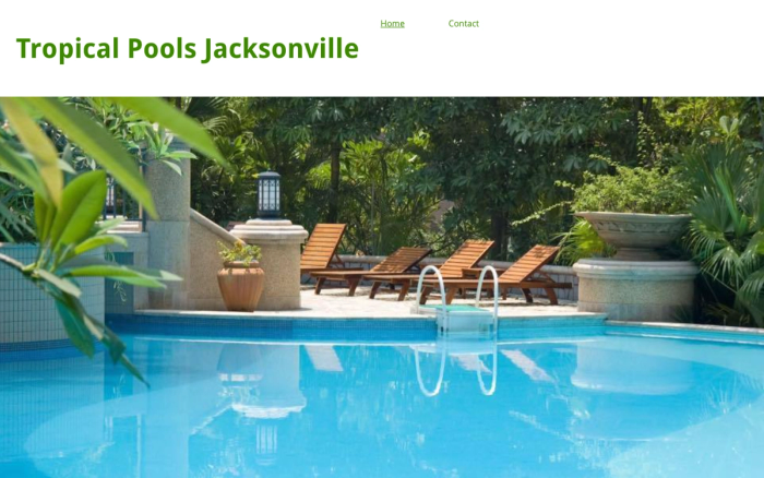 The old Tropical Pools Jacksonville home page, the business name in green over a stock pool photo