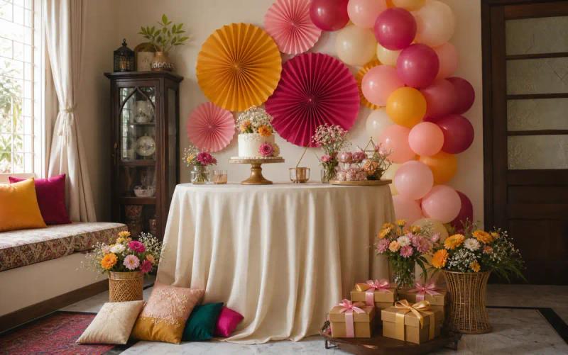 Staged birthday cake table with pink and saffron paper fans, balloons, florals and wrapped favour boxes.
