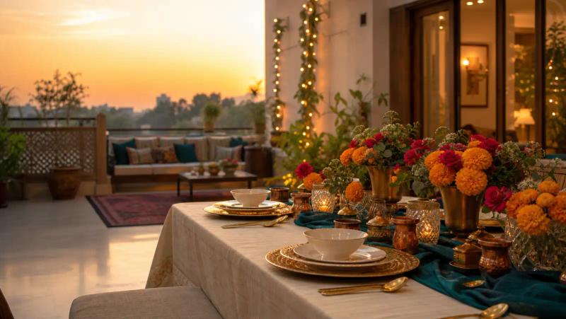 Staged golden-hour home dinner setup with marigold and rose centrepieces, brass place settings and fairy lights.