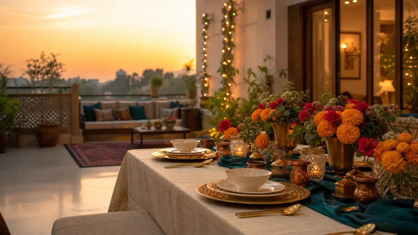 Staged golden-hour home dinner setup with marigold and rose centrepieces, brass place settings and fairy lights.