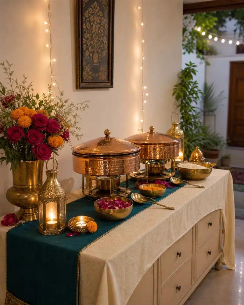 Staged home buffet console with copper serving dishes, teal runner, flowers and lantern lighting.