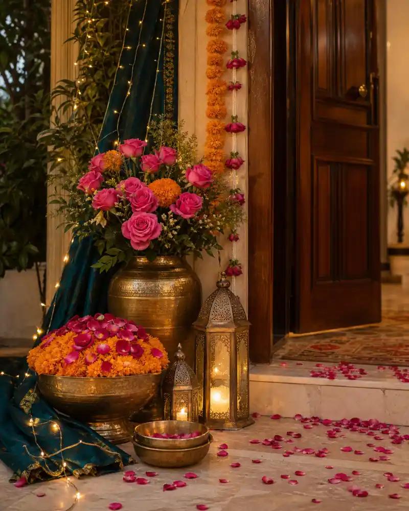 Staged home entrance decorated with pink roses, marigolds, teal drape, brass lanterns and rose petals.