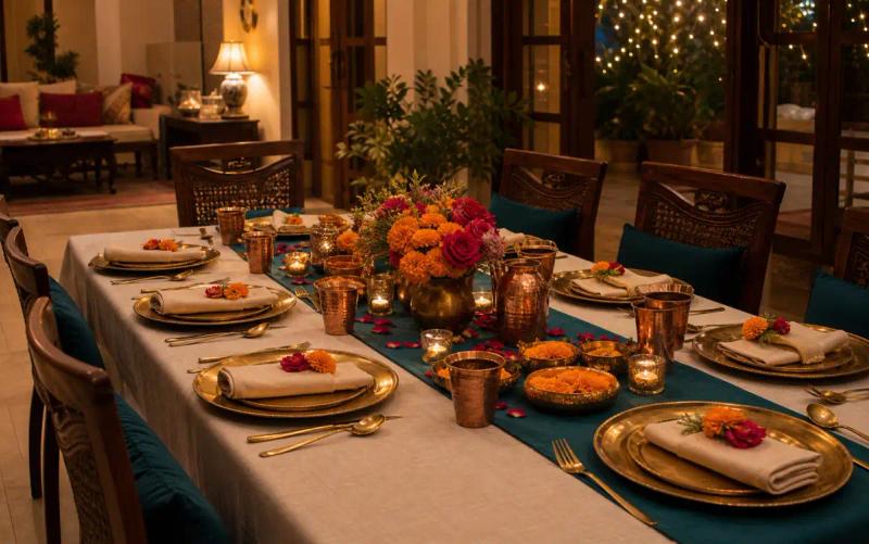 Staged family dinner table with teal runner, brass place settings, candles and marigold-and-rose centrepiece.