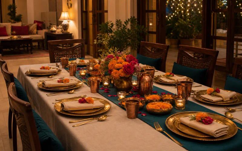 Staged family dinner table with teal runner, brass place settings, candles and marigold-and-rose centrepiece.